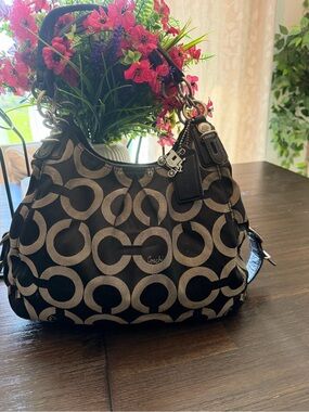Coach Black & Tan Signature Circle-Print Shoulder Bag